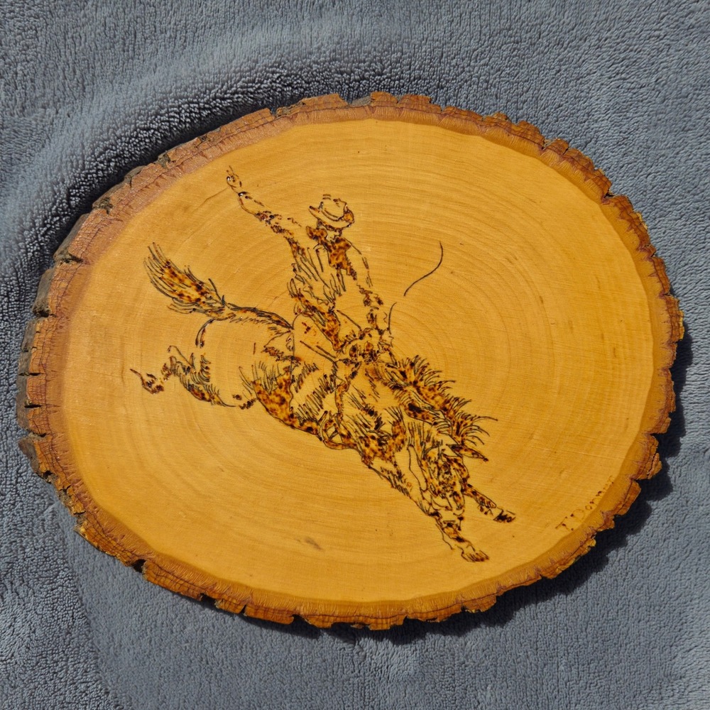 T. Donner Wood Burned Bucking Bronco Wall Art 9in Natural Live Edge Wood